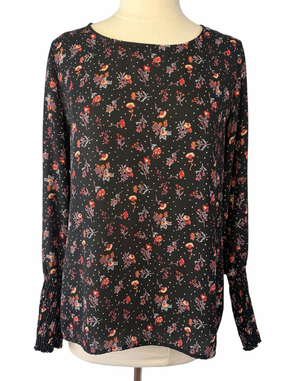 Anthropologie Pleione Top Flowy Scoop Neck Long Sleeve Floral Print Black - Picture 4 of 15